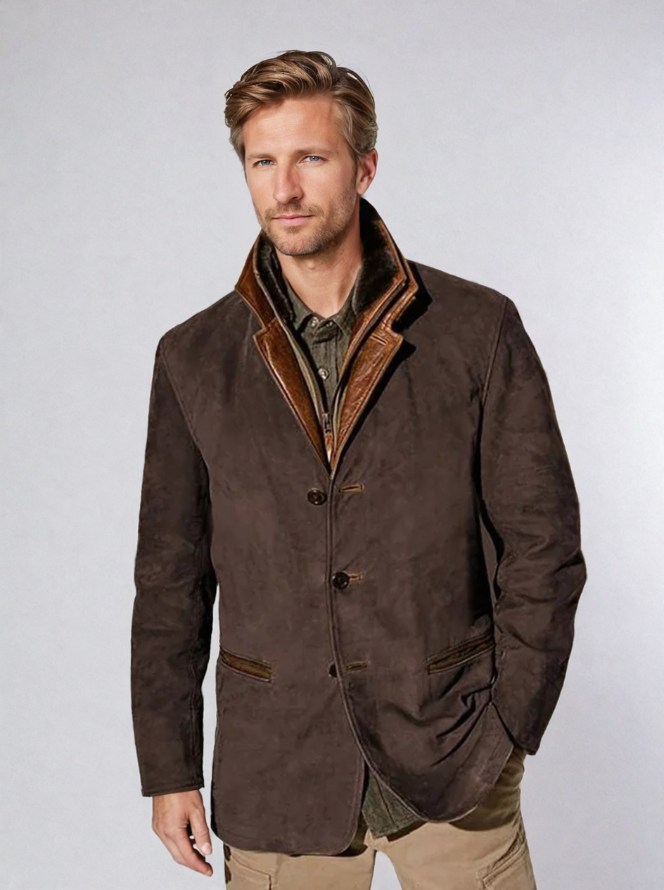 Men's vintage wool blend slim jacket with elegant stand-up collar in warm neutral tones