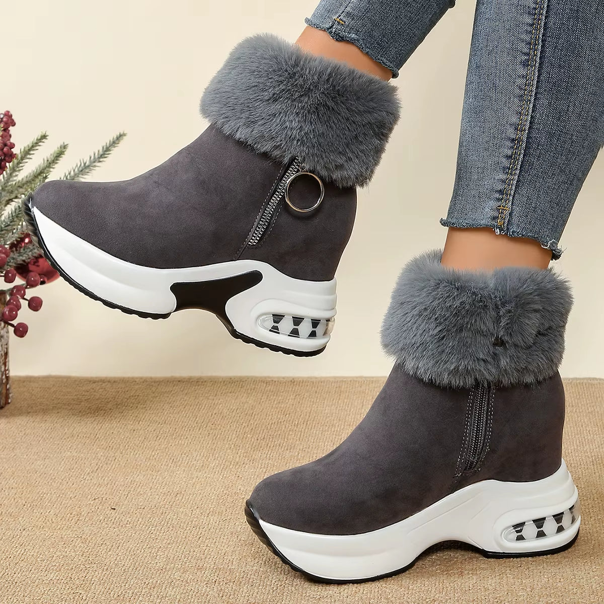 Tan faux suede platform boot plush fur collar bold chunky heel air cushioned zipper pull winter