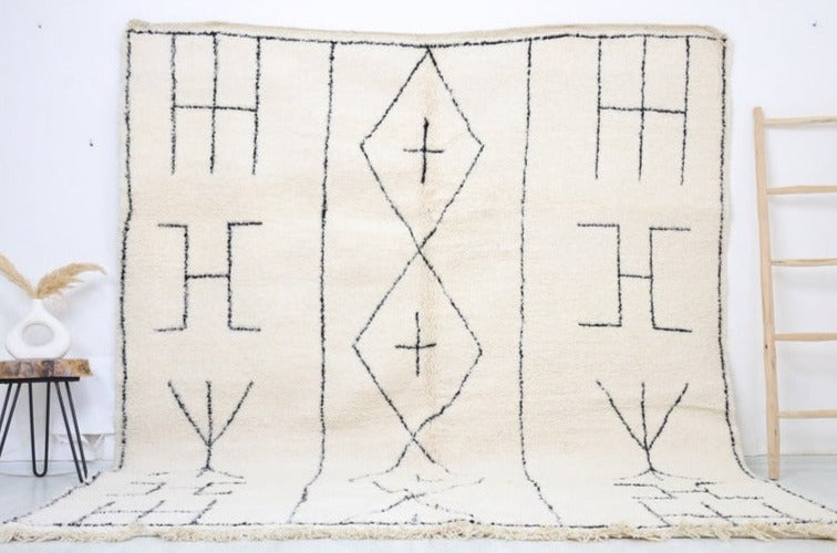 Bayanta Beni Ourain hand-knotted Moroccan rug 8x9 ivory black geometric tribal pattern