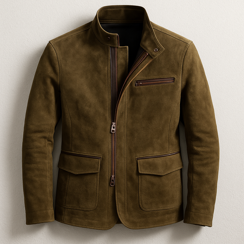 Men's structured zip jacket in classic neutral tone with stand collar and full-zip closure for versatile layering