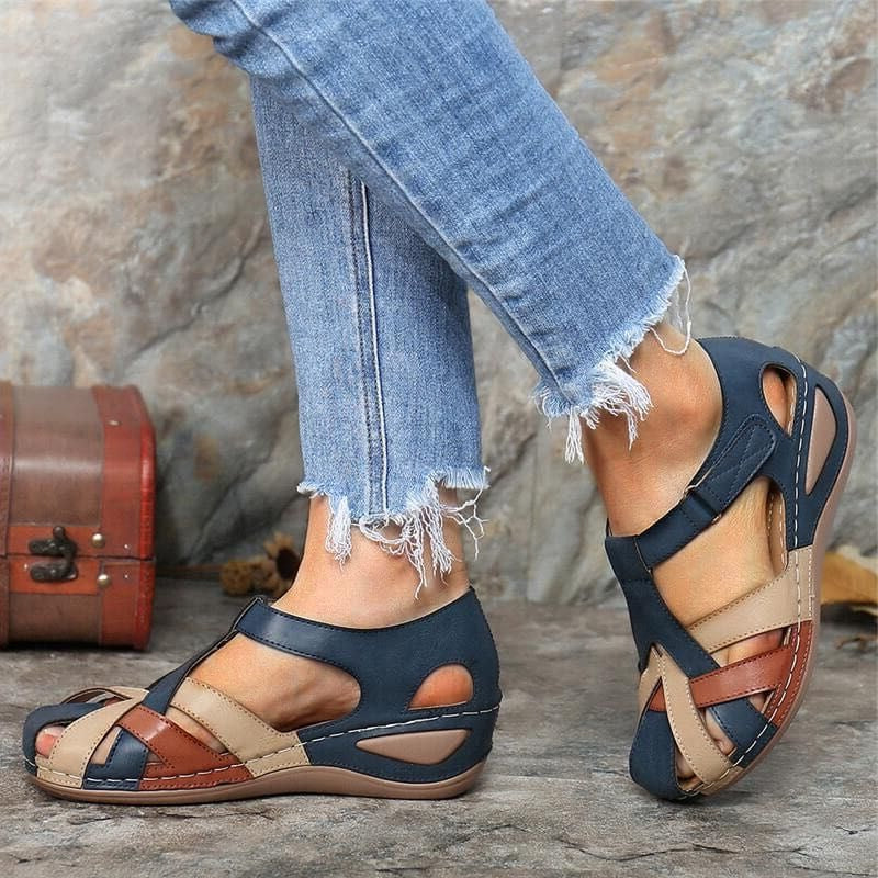 Women's two-tone platform sandals with adjustable Velcro cross straps and breathable openwork design