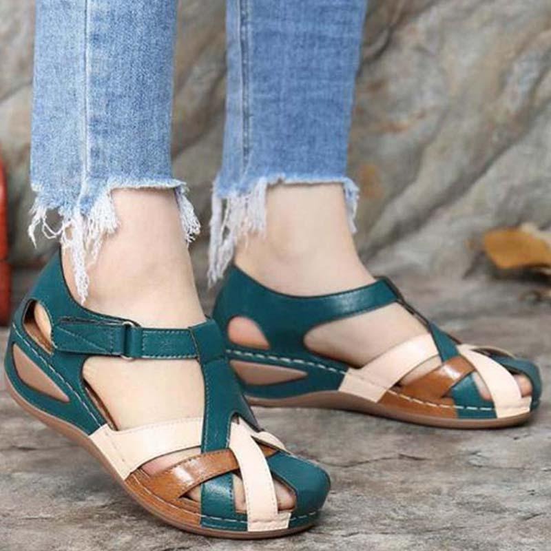 Women's two-tone platform sandals with adjustable Velcro cross straps and breathable openwork design