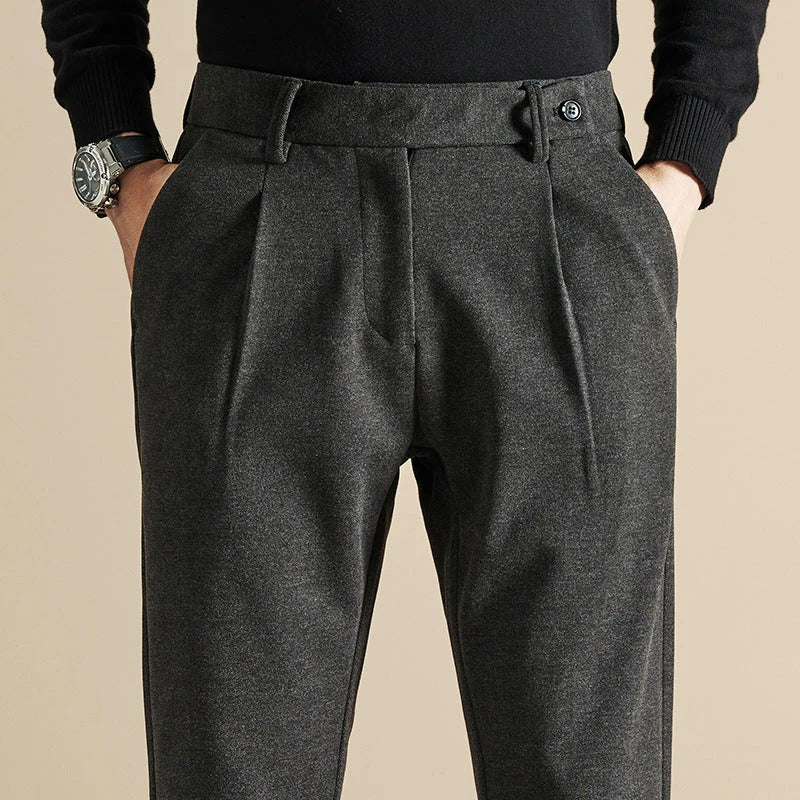 Men's straight-cut tailored trousers neutral solid tone structured fit work casual wardrobe essential