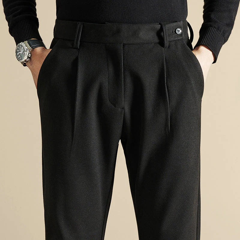 Men's straight-cut tailored trousers neutral solid tone structured fit work casual wardrobe essential