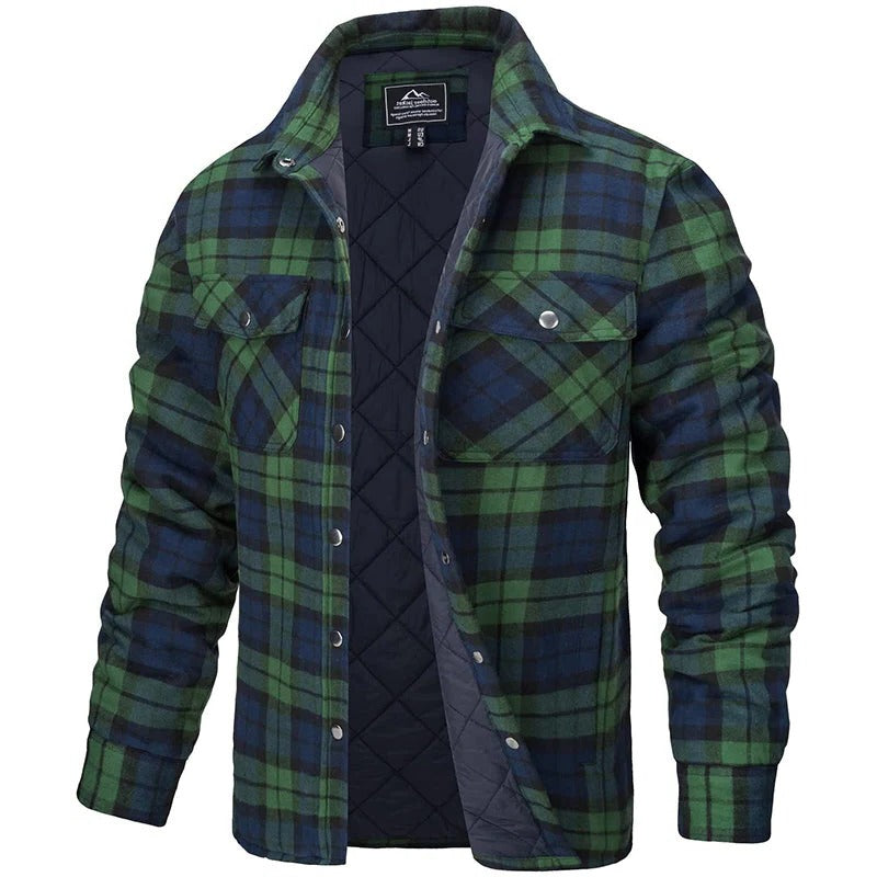 Men's blue plaid flannel jacket rugged long sleeve style with two chest pockets for cold weather