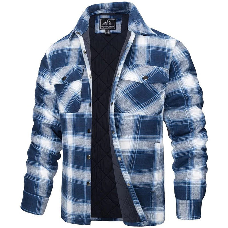 Men's blue plaid flannel jacket rugged long sleeve style with two chest pockets for cold weather