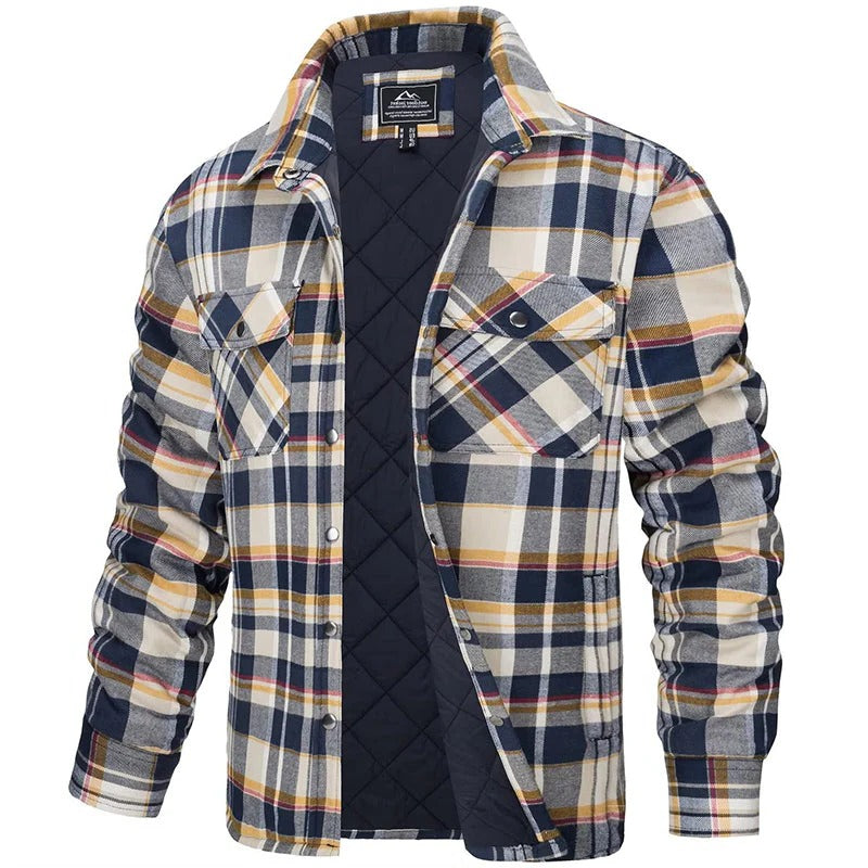 Men's blue plaid flannel jacket with long sleeves and two chest pockets for rugged cold weather style