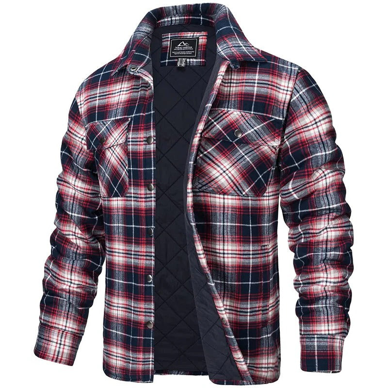 Men's blue plaid flannel jacket rugged long sleeve style with two chest pockets for cold weather