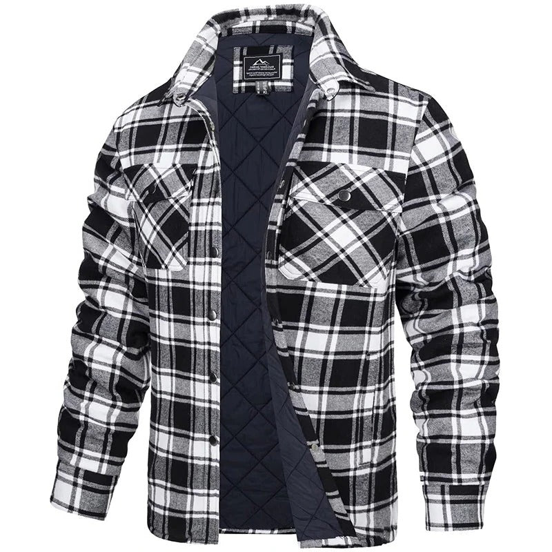 Men's blue plaid flannel jacket rugged long sleeve style with two chest pockets for cold weather