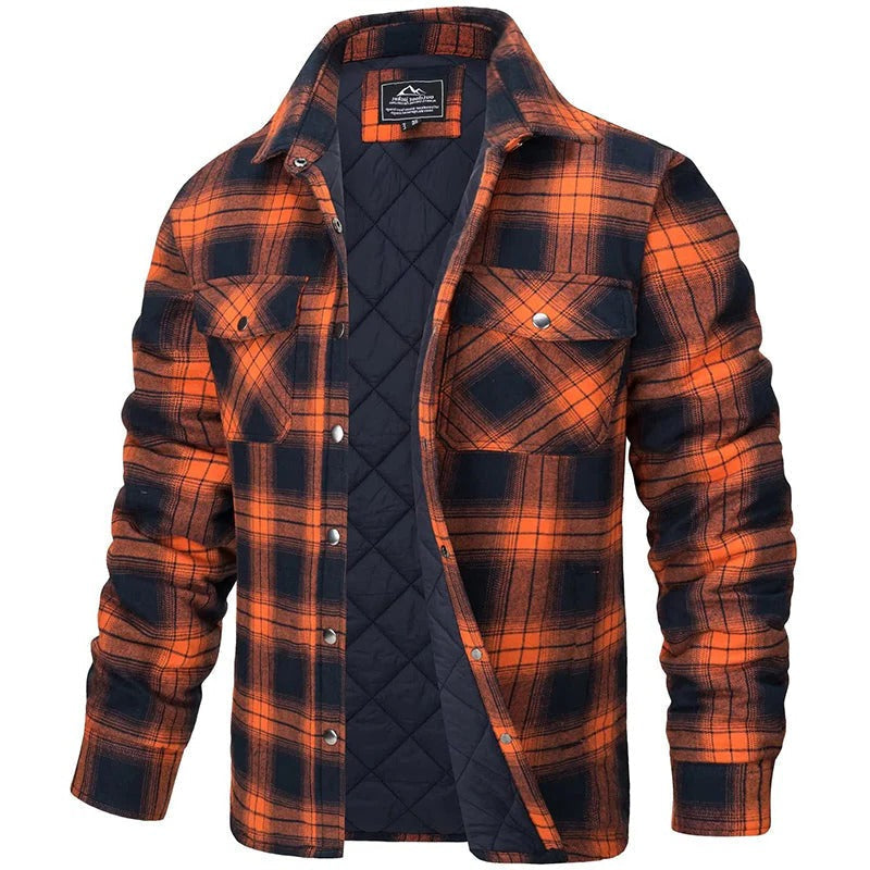 Men's blue plaid flannel jacket rugged long sleeve style with two chest pockets for cold weather