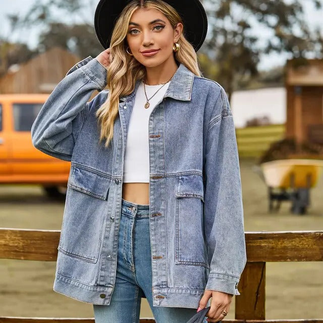 Blue loose-fit denim jacket casual layering outerwear relaxed silhouette everyday versatile style