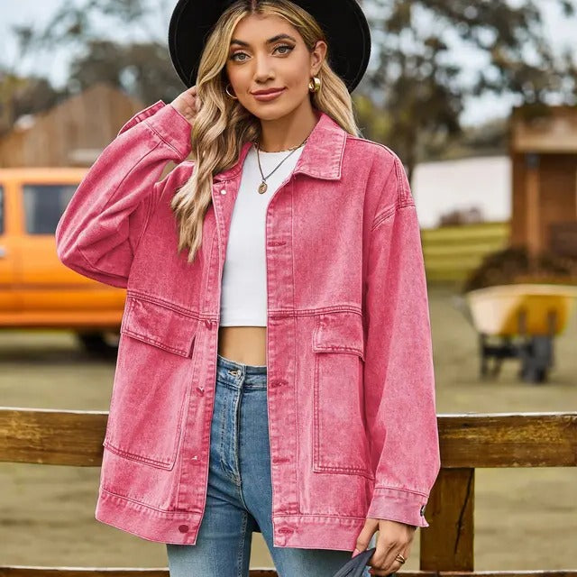 Blue loose-fit denim jacket relaxed silhouette versatile layering casual everyday outerwear
