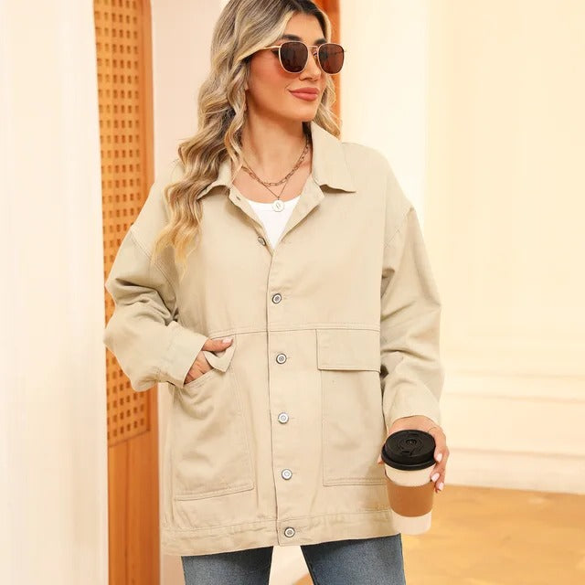 Loose-fit blue denim jacket relaxed silhouette versatile layering casual everyday outerwear