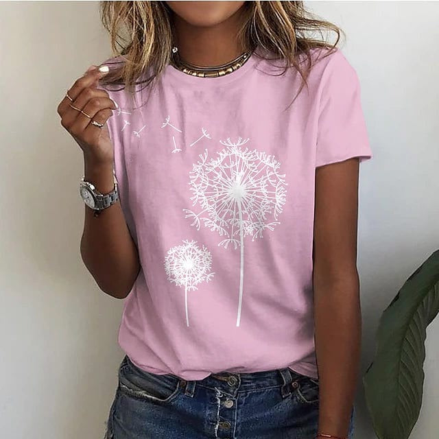 White women's casual shirt with delicate dandelion print pattern and clean everyday silhouette