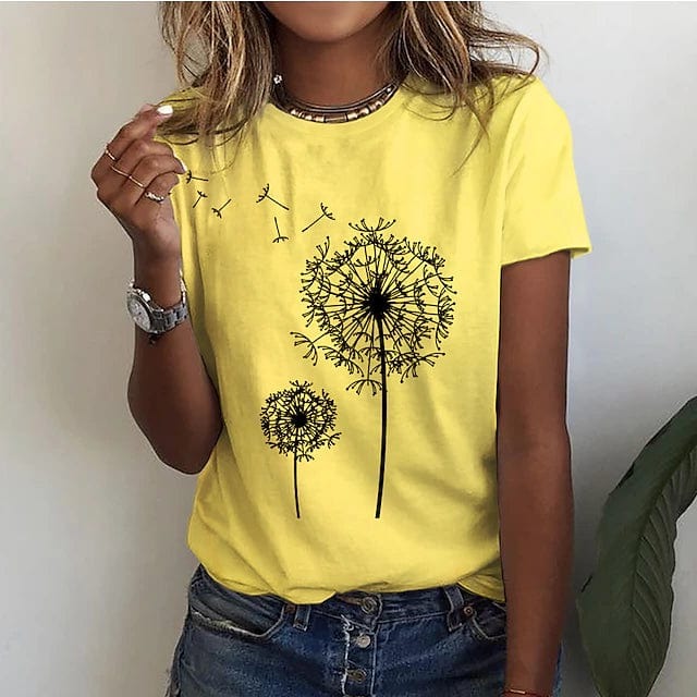 White women's casual shirt with delicate dandelion print front design and clean relaxed silhouette