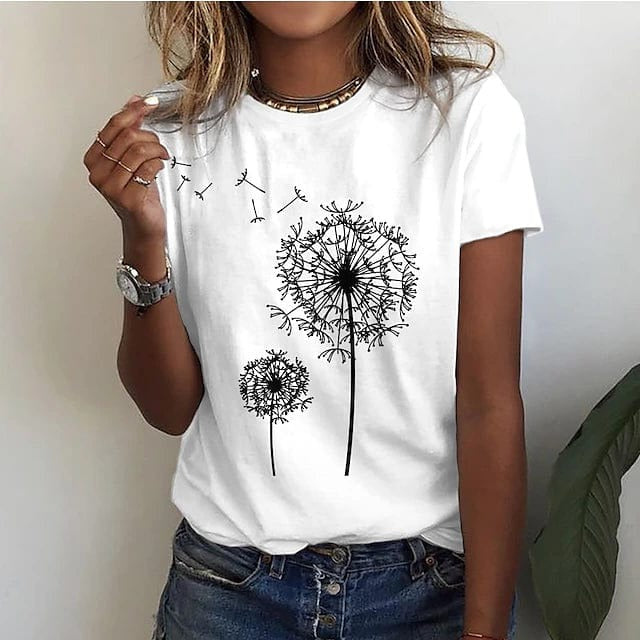White women's casual shirt with delicate dandelion print front design and clean relaxed silhouette