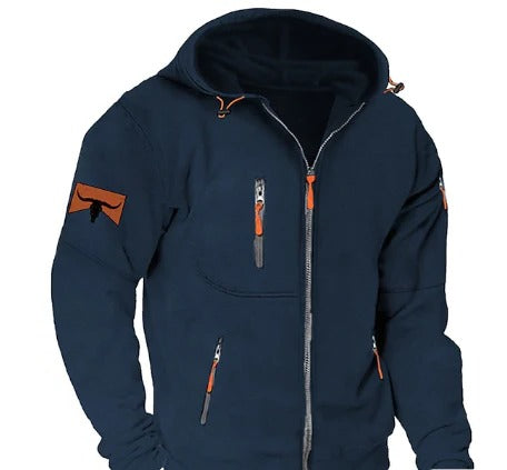 Men's full-zip hoodie sweatshirt in warm neutral tone with kangaroo pockets and urban cozy fit