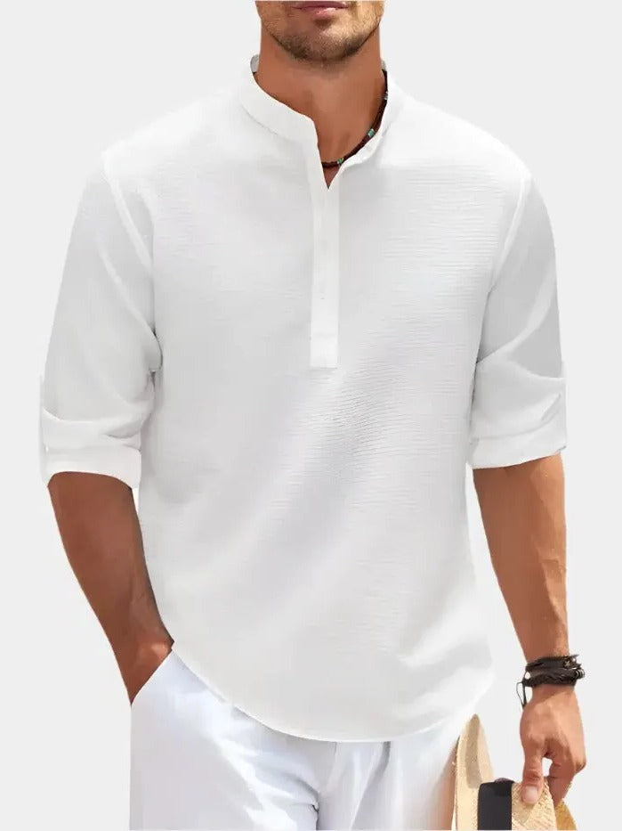 Unisex long sleeve t-shirt with collar detail in neutral tone, soft everyday layering essential