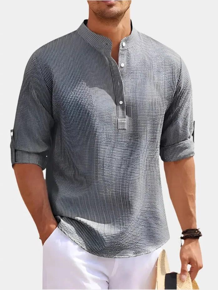 Unisex long sleeve t-shirt with collar detail in neutral tone, soft everyday layering essential