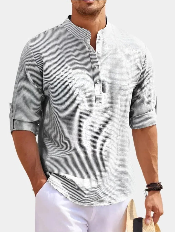Unisex long sleeve t-shirt neutral tone relaxed fit with subtle structured collar detail for layering