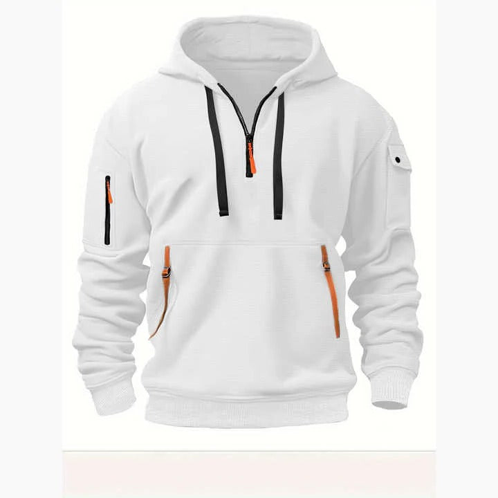 Light gray half-zip hoodie regular fit long sleeves adjustable front zipper breathable everyday casual layer