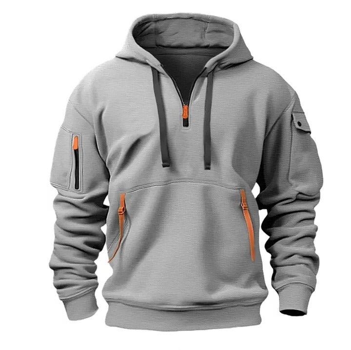 Gray half-zip hoodie regular fit long sleeves adjustable front zipper breathable casual everyday wear