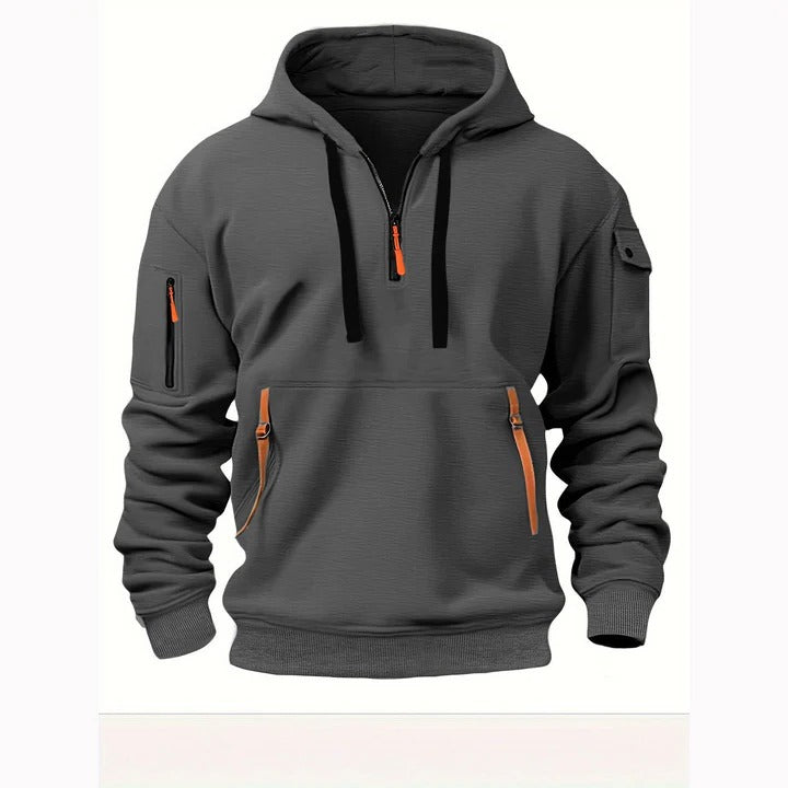 Casual half-zip hoodie regular fit long sleeves adjustable front zipper breathable everyday layer