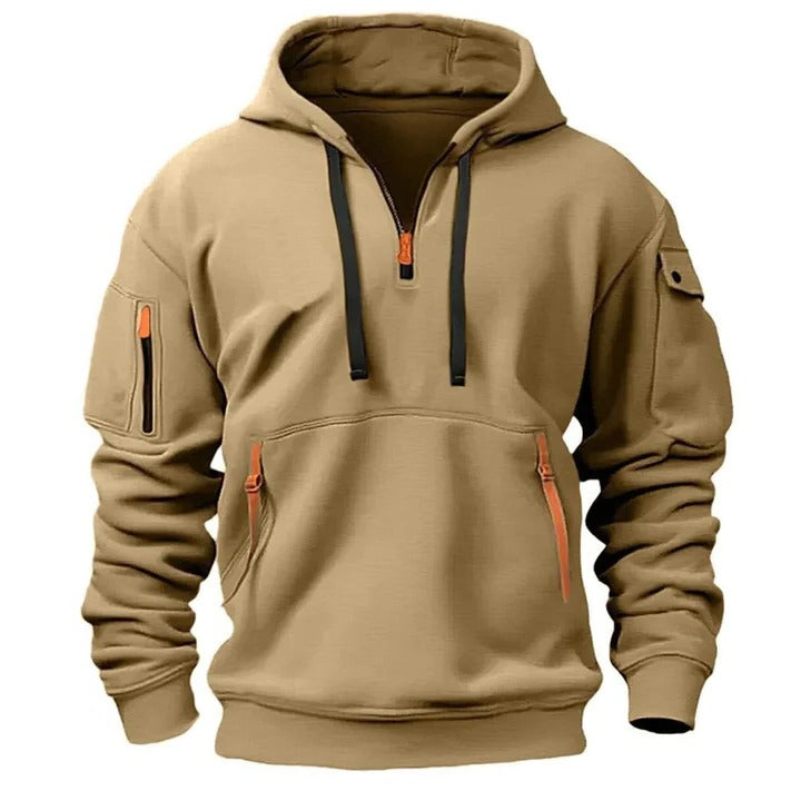 Casual half-zip hoodie regular fit long sleeves adjustable front zipper breathable everyday layer