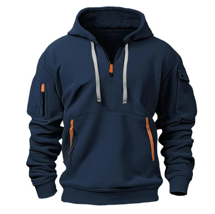 Heather gray half-zip hoodie regular fit long sleeves adjustable front zipper breathable everyday layer