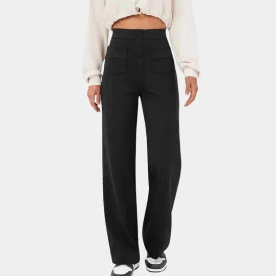 Women's high-waisted straight-leg trousers with structured fit and full-length silhouette