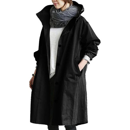 Women's long waterproof raincoat full-coverage silhouette with adjustable drawcord hood for wet weather