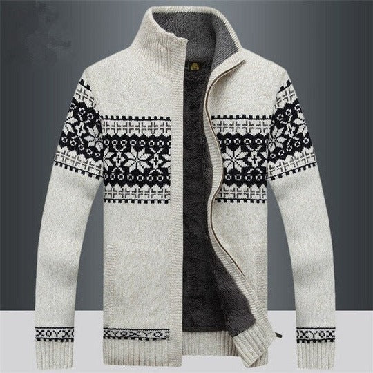 Men's black full-length insulated winter coat with snowflake pattern exterior and adjustable hood