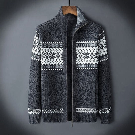 Men's black full-length insulated winter coat with snowflake pattern exterior and adjustable hood