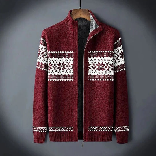 Men's full-length insulated winter coat in snowflake pattern with lined interior and adjustable hood