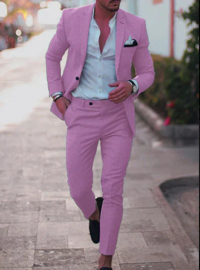 Men's slim fit two-piece wedding suit, single-breasted jacket with matching trousers, classic formal style