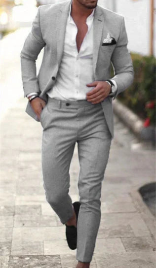Men's slim fit two-piece wedding suit, single-breasted jacket with matching trousers, classic formal style