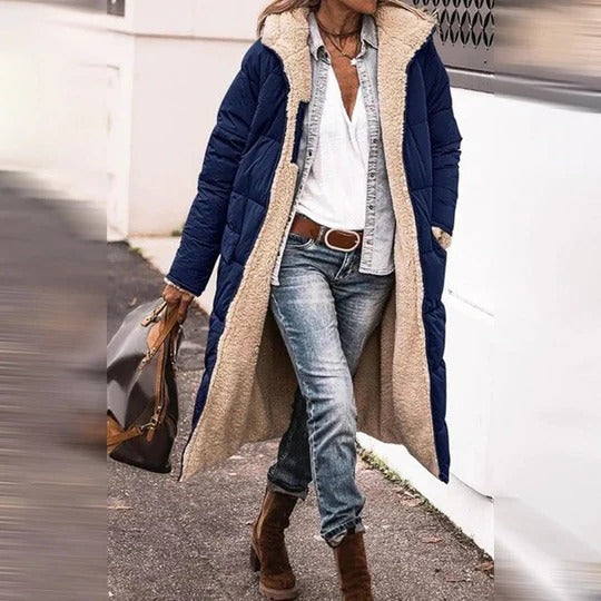 Women's long insulated winter coat with hood, full-length neutral coverage below the knee for cold weather