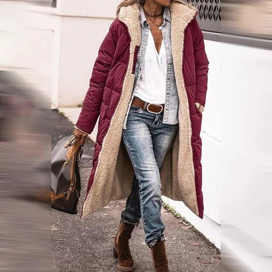 Women's long insulated winter coat with hood, full-length neutral coverage extending below the knee