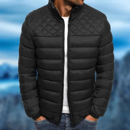 Men's navy quilted puffer jacket lightweight windproof water-resistant slim fit for outdoor urban wear