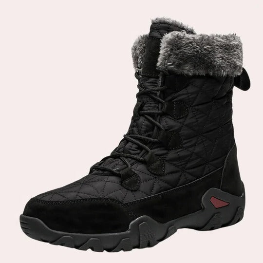 Men's tall quilted winter boots with faux fur collar lining, structured silhouette for all-day warmth