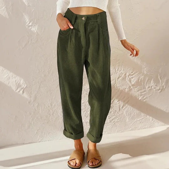 Women's relaxed fit high rise corduroy pants with stretch waistband in casual everyday style