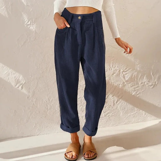 Women's relaxed fit high rise corduroy pants with stretch waistband in warm textured fabric