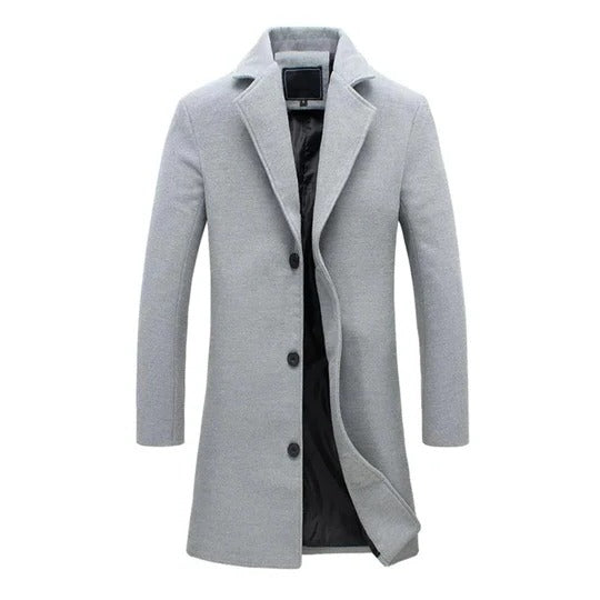 Men's camel wool blend long insulated overcoat with clean modern silhouette for cold weather