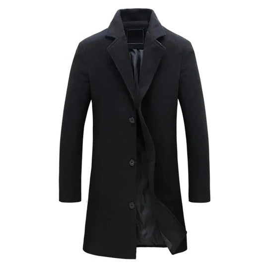 Men's camel wool blend long insulated overcoat with clean modern silhouette for cold weather