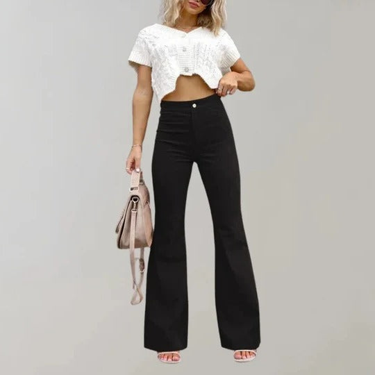 Women's flared trousers textured finish structured waistband mid-high rise comfortable fit