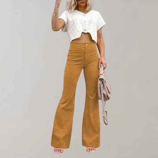 Women's flared trousers textured finish structured waistband mid-high rise leg-lengthening silhouette