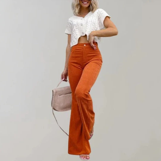 Women's flared trousers textured finish structured waistband mid-high rise elegant comfort