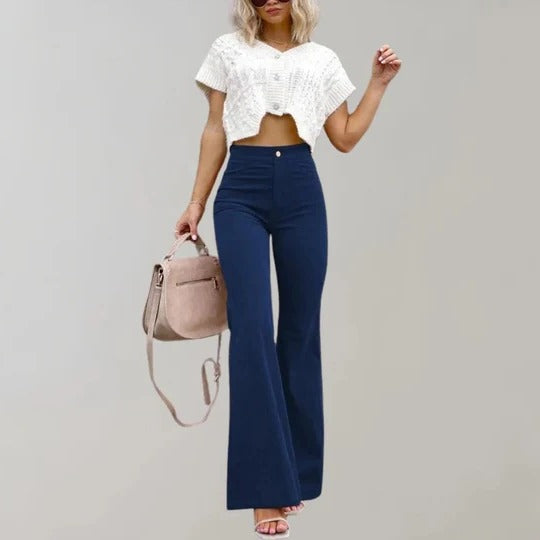 Women's flared trousers textured finish structured mid-rise waistband leg-lengthening silhouette