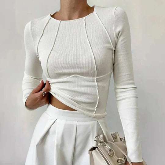 Women's long sleeve straight-fit top minimal design with subtle piping details for everyday wear