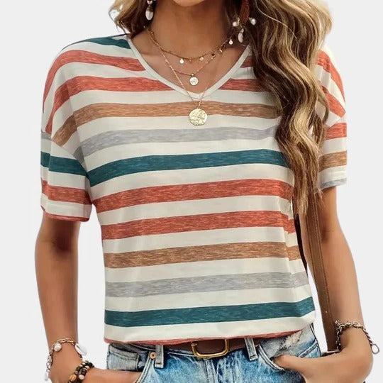 Women's casual striped short sleeve t-shirt with horizontal stripe detailing for everyday wear